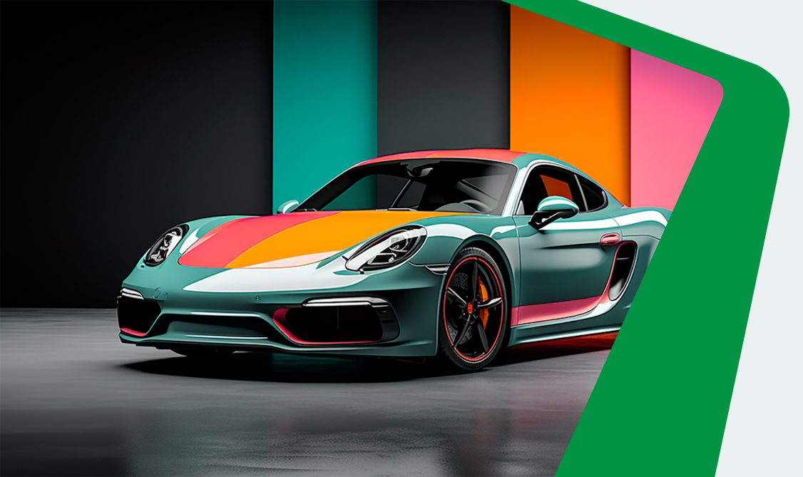 Sports car with colorful Castrol wrap film, offering multiple color options and personalized style beyond black or white.